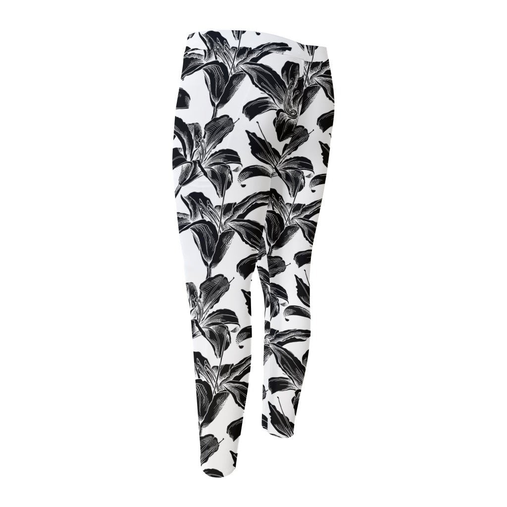 White And Black Lily Pattern Print Men's Compression Pants