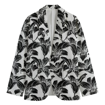White And Black Lily Pattern Print Men's Cotton Blazer