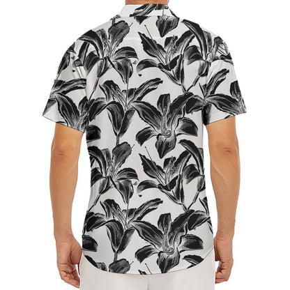 White And Black Lily Pattern Print Men's Deep V-Neck Shirt
