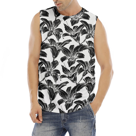 White And Black Lily Pattern Print Men's Fitness Tank Top
