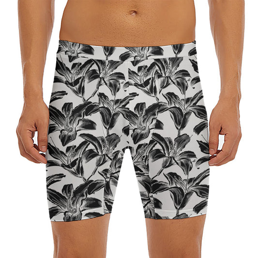 White And Black Lily Pattern Print Men's Long Boxer Briefs