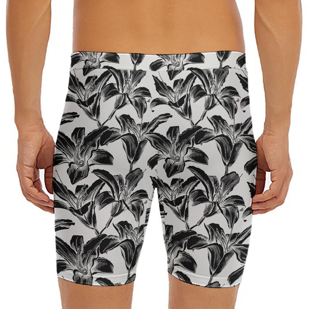 White And Black Lily Pattern Print Men's Long Boxer Briefs
