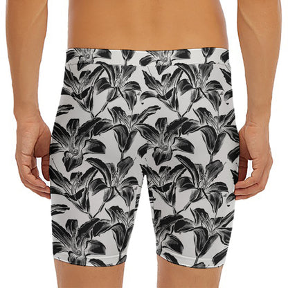 White And Black Lily Pattern Print Men's Long Boxer Briefs