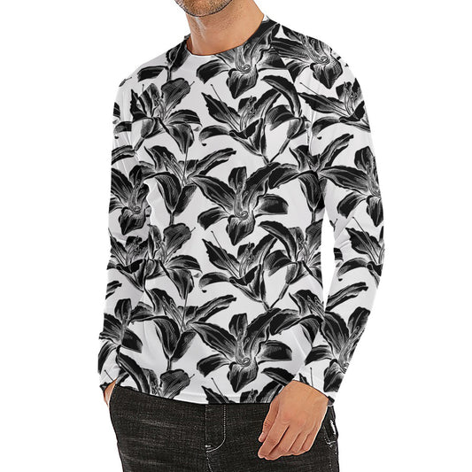 White And Black Lily Pattern Print Men's Long Sleeve Rash Guard