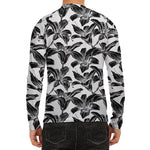 White And Black Lily Pattern Print Men's Long Sleeve Rash Guard