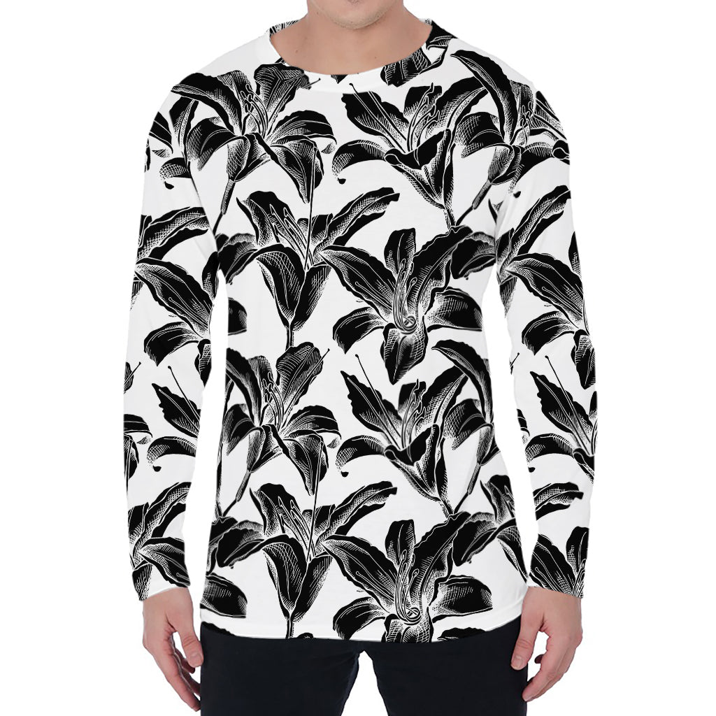 White And Black Lily Pattern Print Men's Long Sleeve T-Shirt
