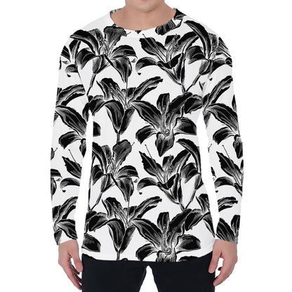 White And Black Lily Pattern Print Men's Long Sleeve T-Shirt