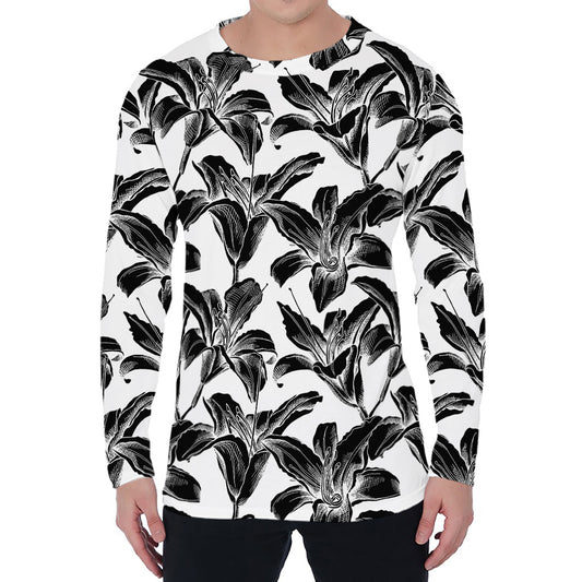 White And Black Lily Pattern Print Men's Long Sleeve T-Shirt
