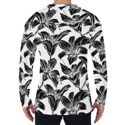 White And Black Lily Pattern Print Men's Long Sleeve T-Shirt