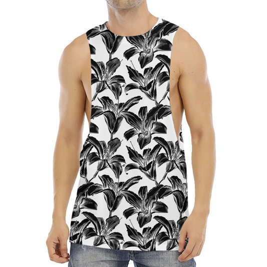 White And Black Lily Pattern Print Men's Muscle Tank Top