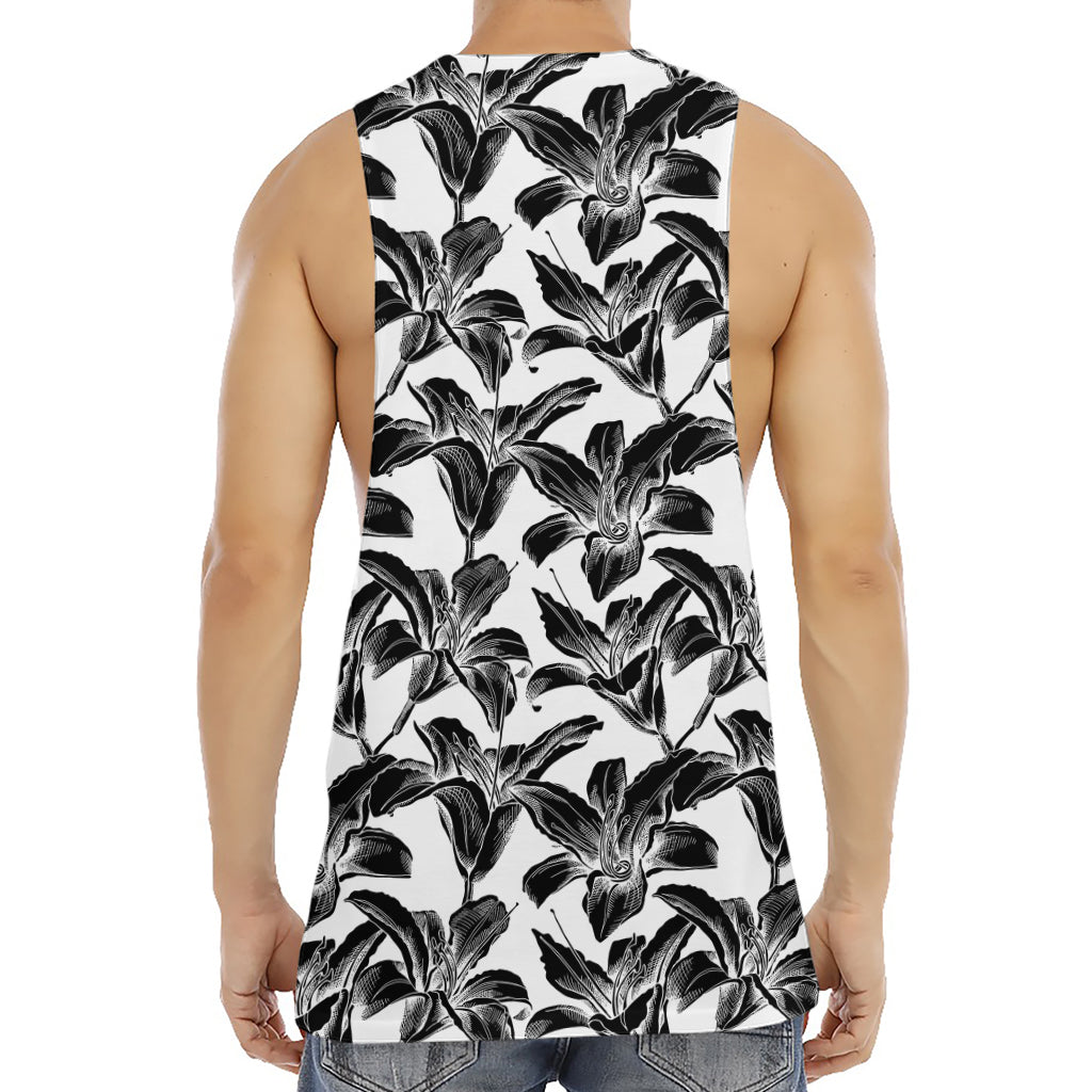 White And Black Lily Pattern Print Men's Muscle Tank Top