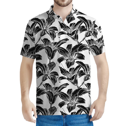 White And Black Lily Pattern Print Men's Polo Shirt