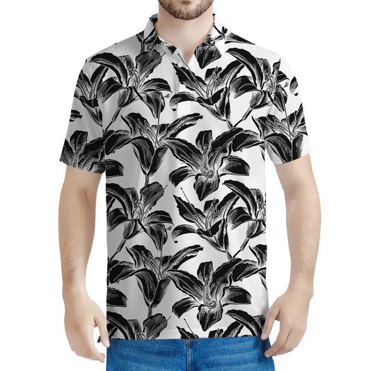 White And Black Lily Pattern Print Men's Polo Shirt