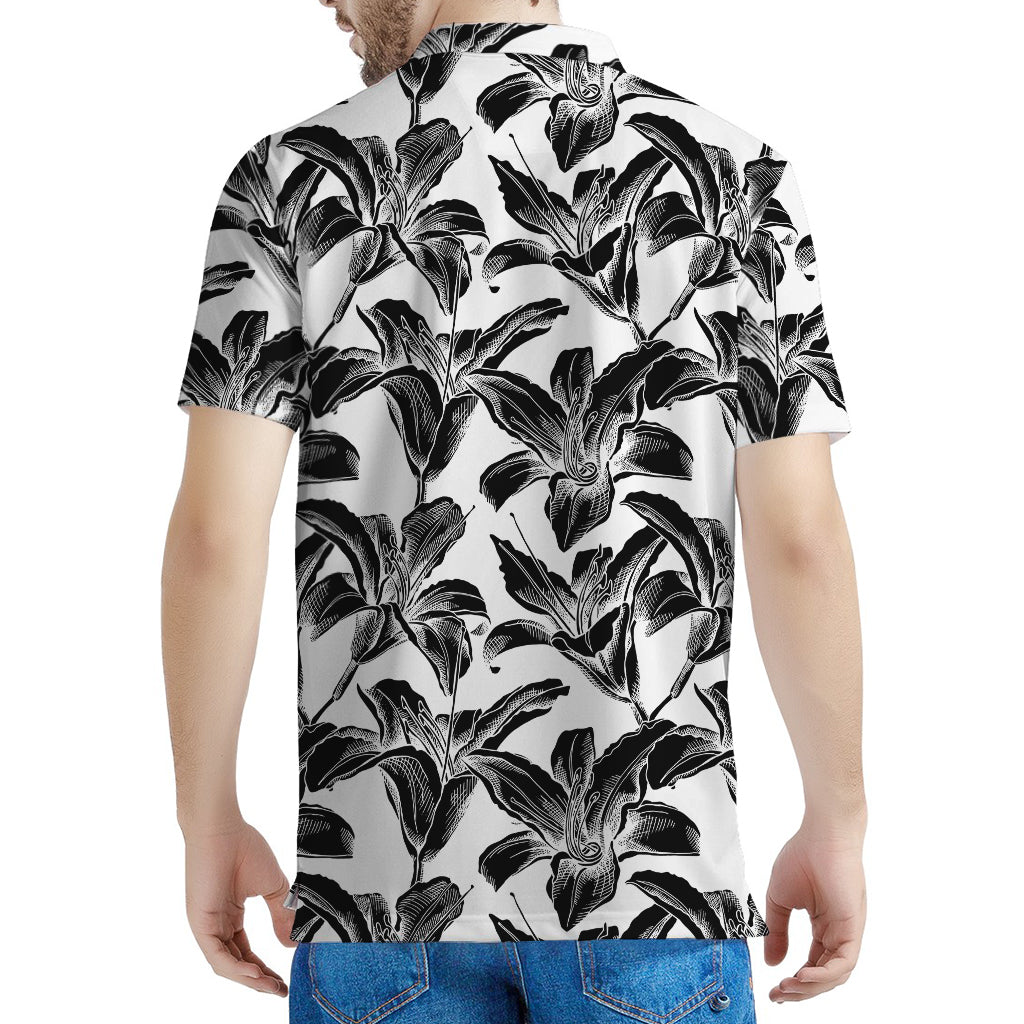 White And Black Lily Pattern Print Men's Polo Shirt