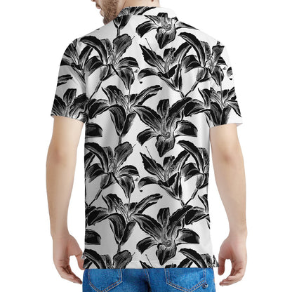 White And Black Lily Pattern Print Men's Polo Shirt