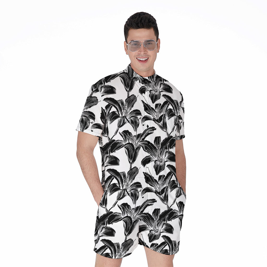 White And Black Lily Pattern Print Men's Rompers