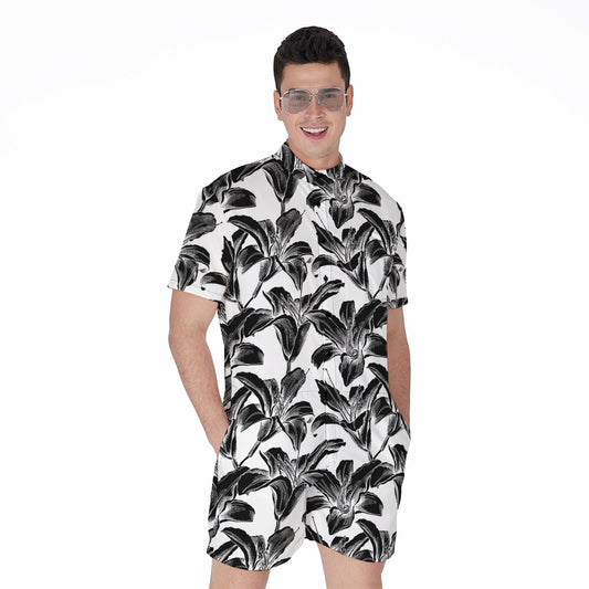 White And Black Lily Pattern Print Men's Rompers