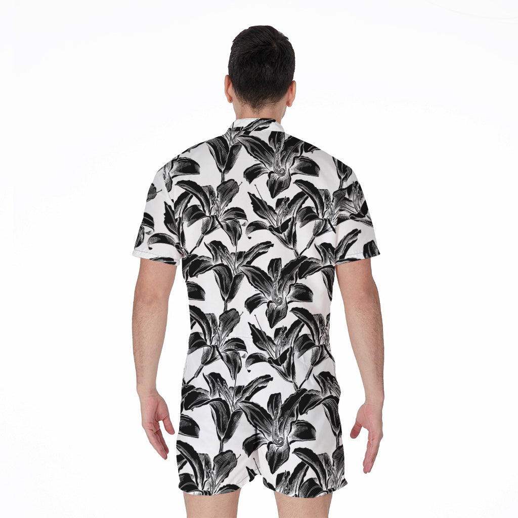White And Black Lily Pattern Print Men's Rompers