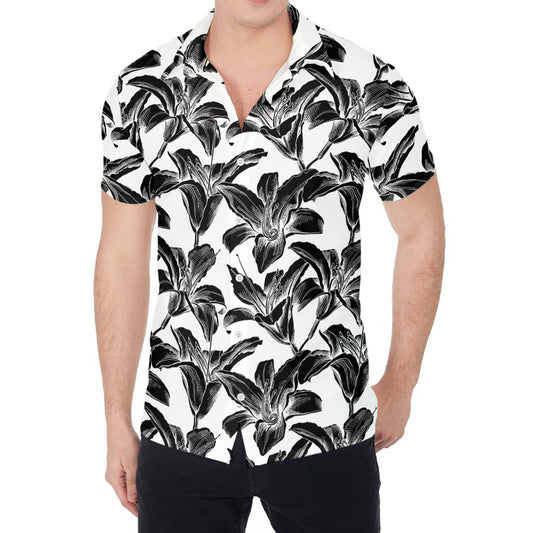 White And Black Lily Pattern Print Men's Shirt