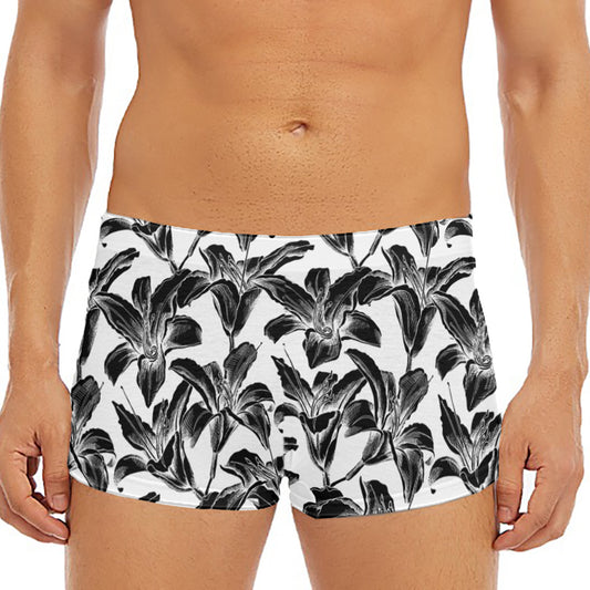White And Black Lily Pattern Print Men's Short Boxer Briefs