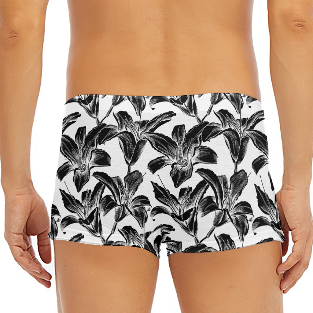 White And Black Lily Pattern Print Men's Short Boxer Briefs