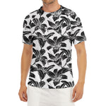 White And Black Lily Pattern Print Men's Short Sleeve Rash Guard