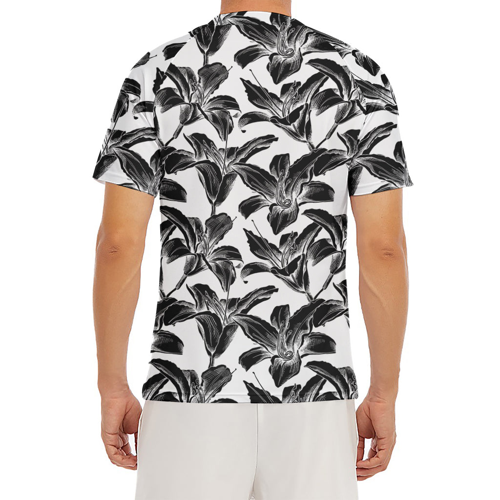 White And Black Lily Pattern Print Men's Short Sleeve Rash Guard