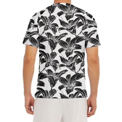 White And Black Lily Pattern Print Men's Short Sleeve Rash Guard