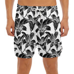 White And Black Lily Pattern Print Men's Split Running Shorts