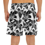 White And Black Lily Pattern Print Men's Split Running Shorts