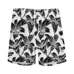 White And Black Lily Pattern Print Men's Sports Shorts