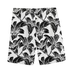 White And Black Lily Pattern Print Men's Sports Shorts