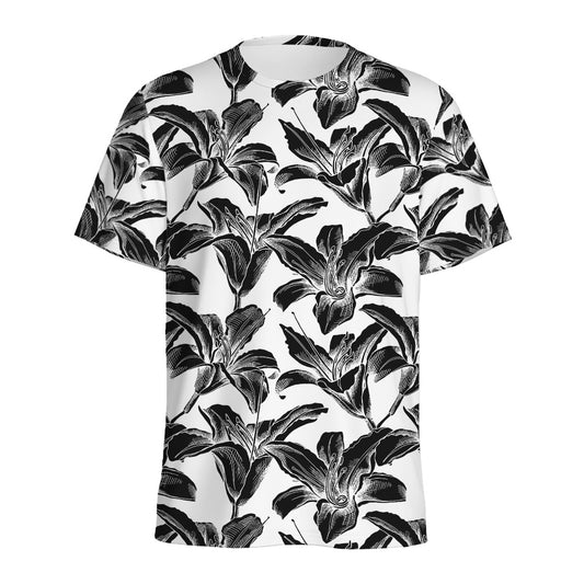 White And Black Lily Pattern Print Men's Sports T-Shirt