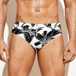 White And Black Lily Pattern Print Men's Swim Briefs