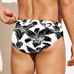 White And Black Lily Pattern Print Men's Swim Briefs