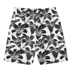 White And Black Lily Pattern Print Men's Swim Trunks