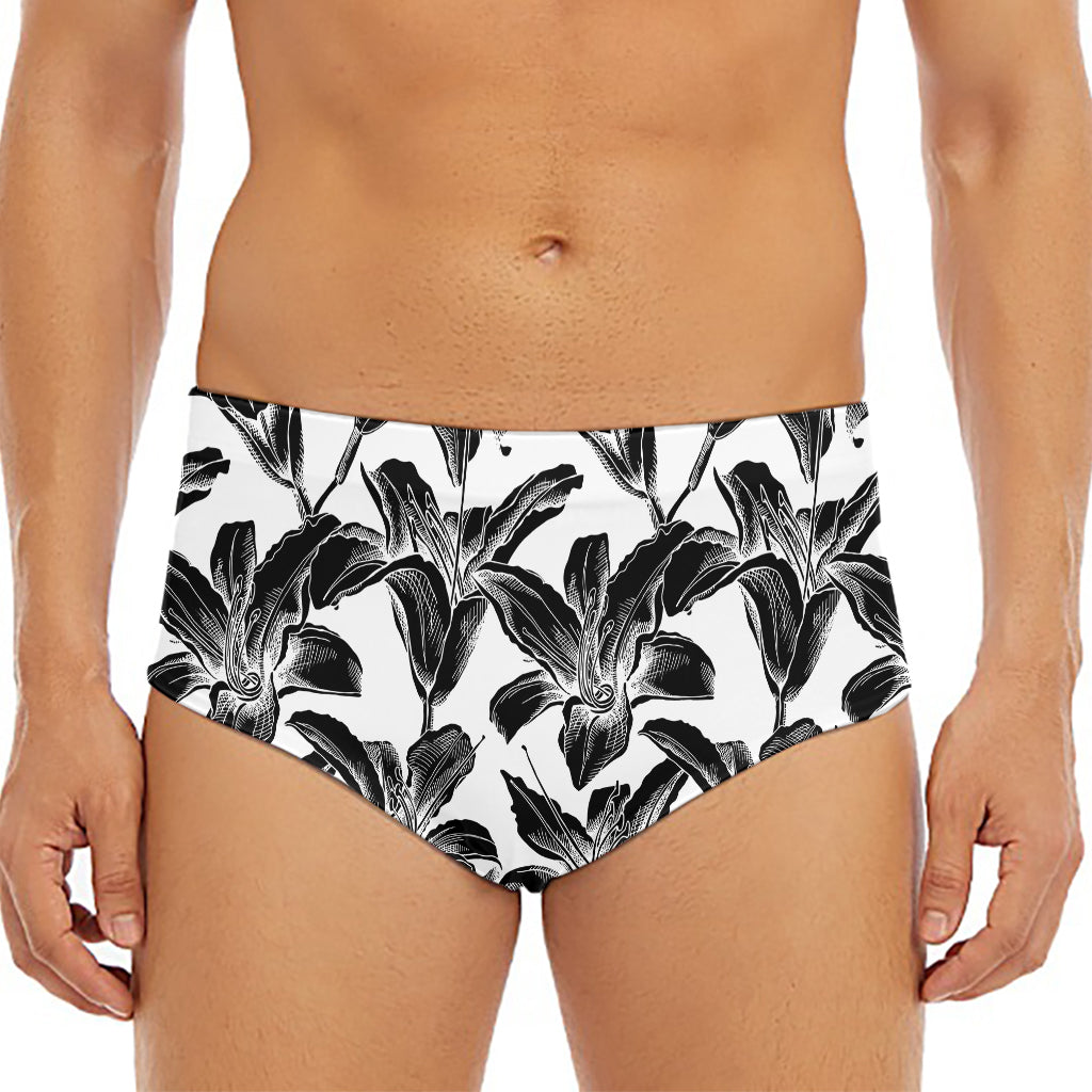 White And Black Lily Pattern Print Men's Triangle Swim Briefs