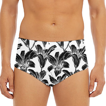 White And Black Lily Pattern Print Men's Triangle Swim Briefs