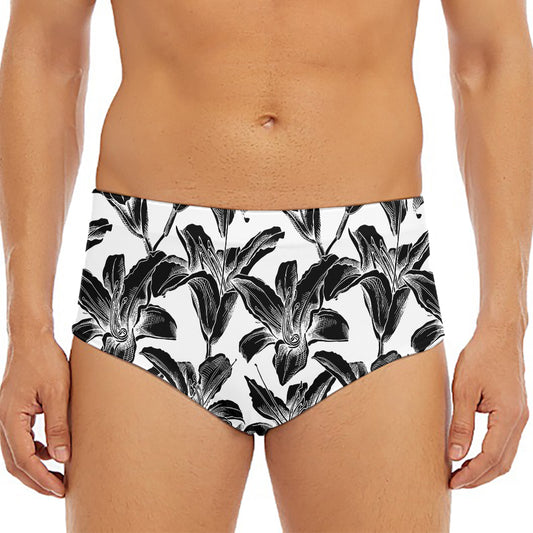 White And Black Lily Pattern Print Men's Triangle Swim Briefs
