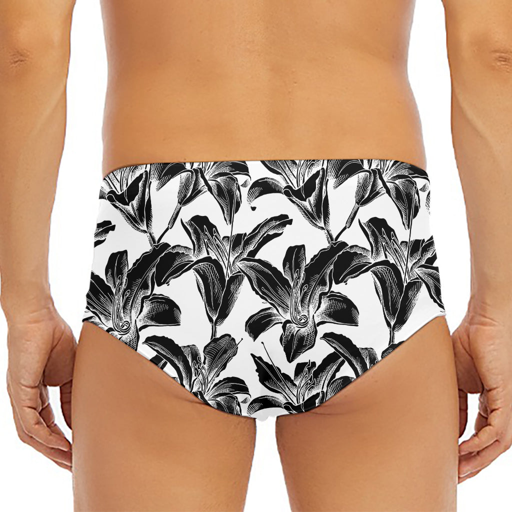 White And Black Lily Pattern Print Men's Triangle Swim Briefs