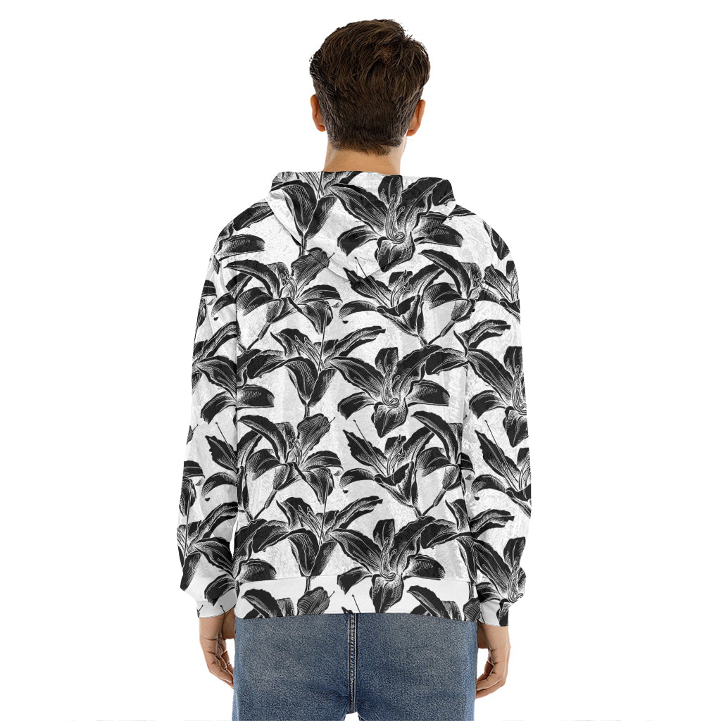White And Black Lily Pattern Print Men's Velvet Pullover Hoodie