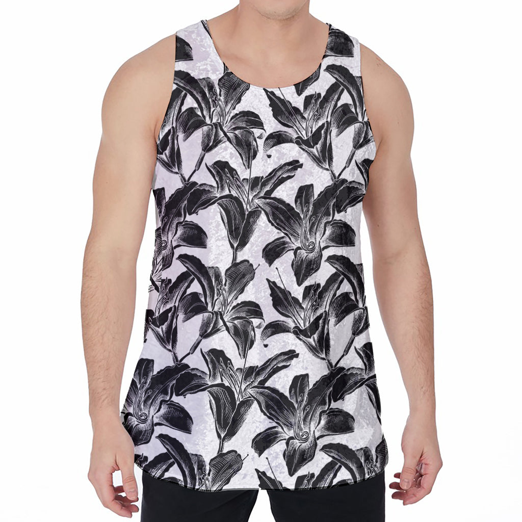 White And Black Lily Pattern Print Men's Velvet Tank Top