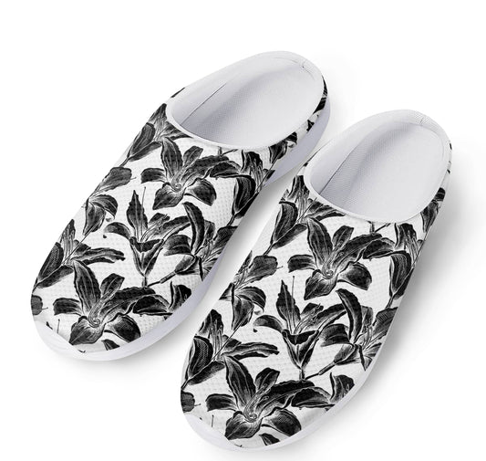 White And Black Lily Pattern Print Mesh Casual Shoes