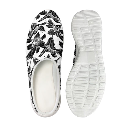 White And Black Lily Pattern Print Mesh Casual Shoes