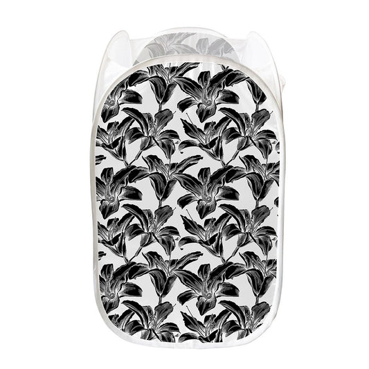 White And Black Lily Pattern Print Mesh Laundry Hamper