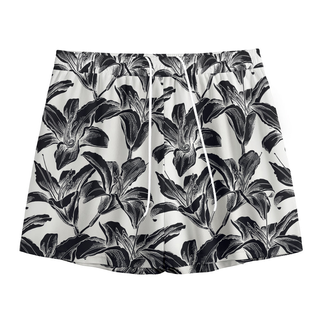 White And Black Lily Pattern Print Mesh Shorts