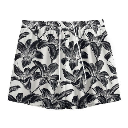White And Black Lily Pattern Print Mesh Shorts