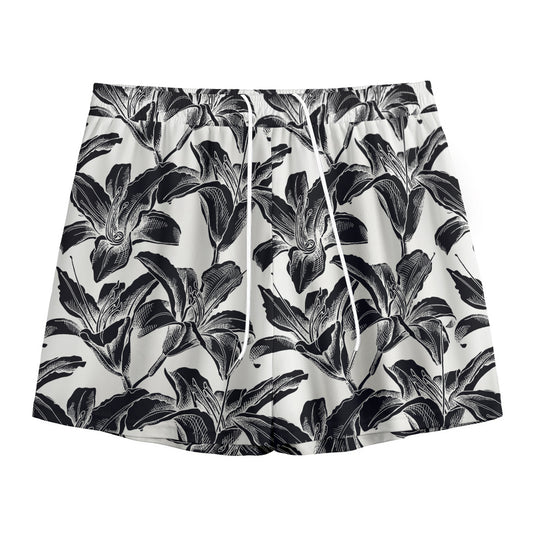 White And Black Lily Pattern Print Mesh Shorts