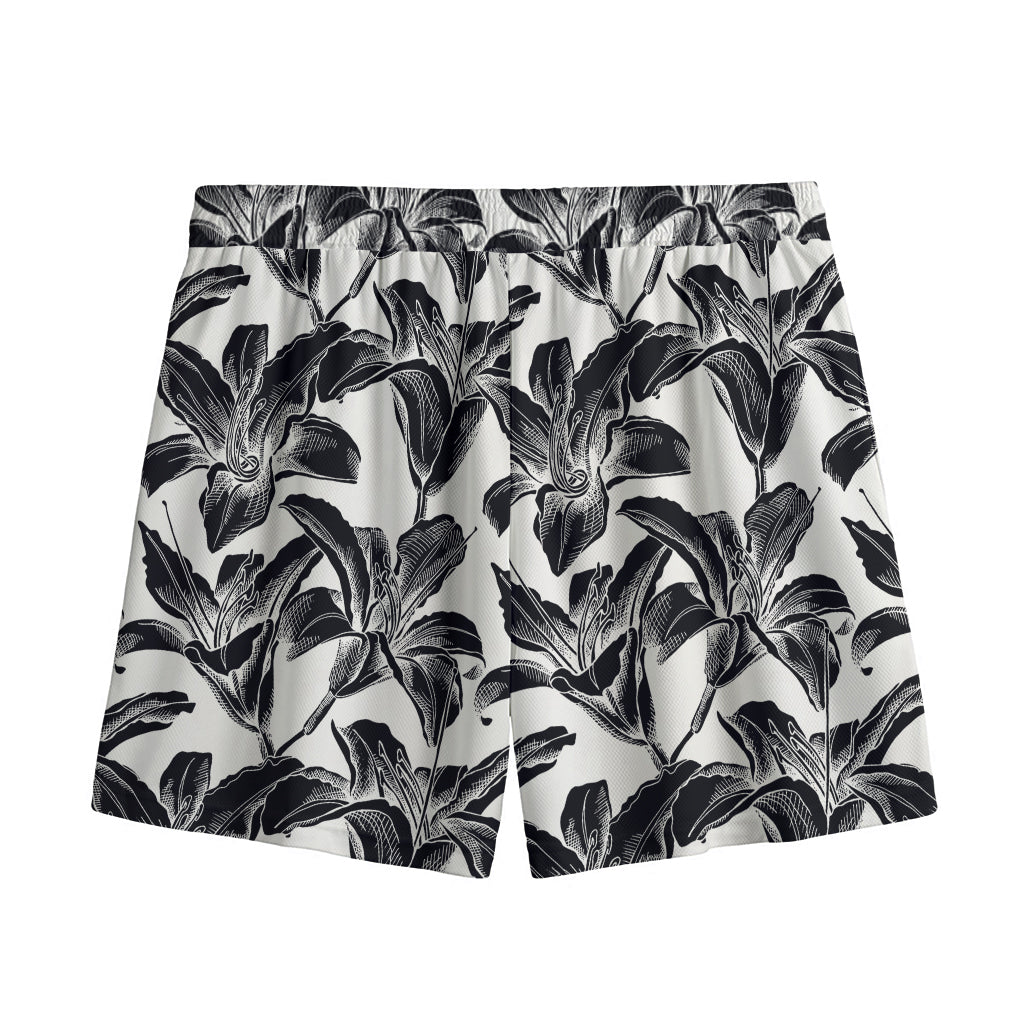 White And Black Lily Pattern Print Mesh Shorts