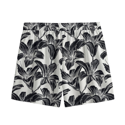 White And Black Lily Pattern Print Mesh Shorts